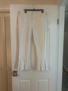MOTHER White Straight Leg Jeans with Flounce Hem